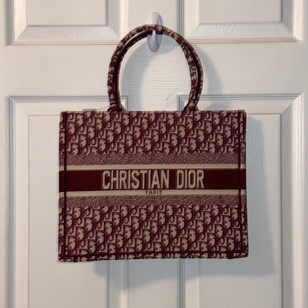 Christian Dior Oblique Medium Book Tote Burgundy WITH Dior Dove Dust Cover